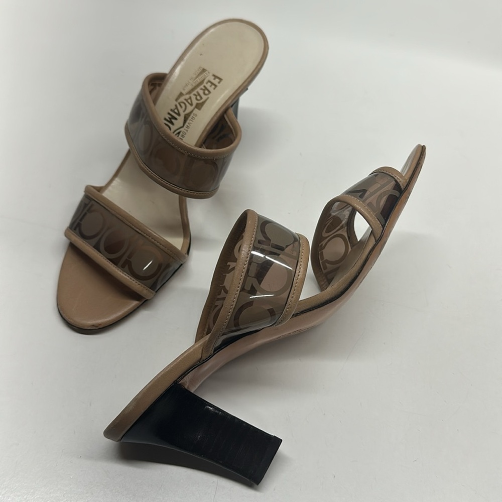 Salvatore Ferragamo High Heel Shoes Sandals Open Toe Lucite Straps Tan Size 7 B
